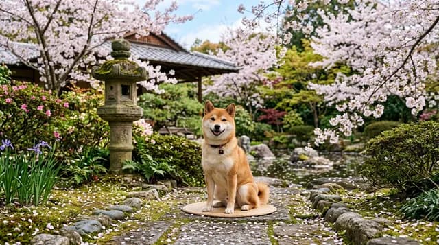 日本庭園の柴犬