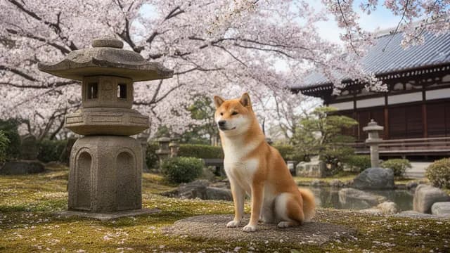 日本庭園の柴犬