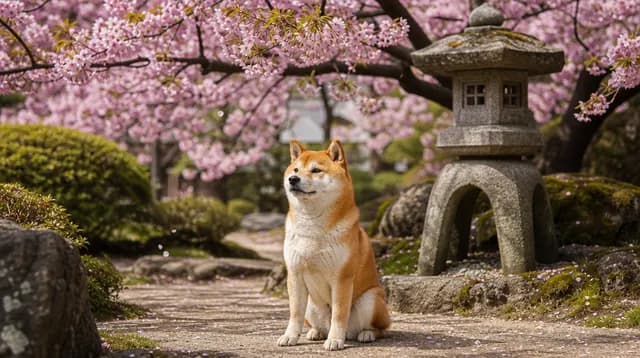 日本庭園の柴犬