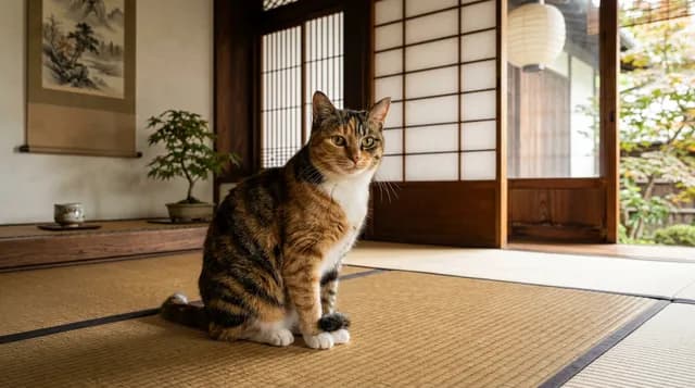 日本家屋の三毛猫
