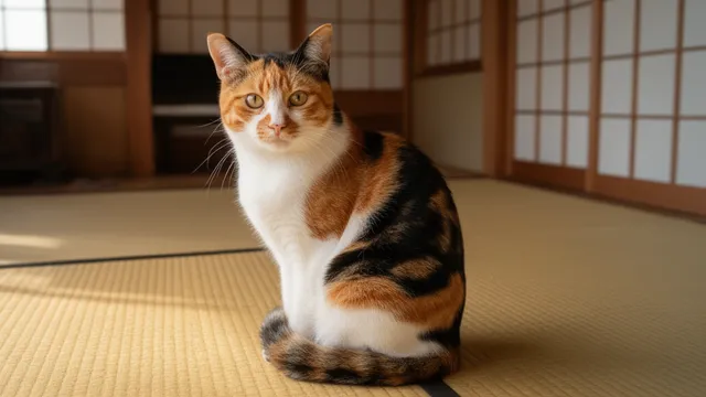 日本家屋の三毛猫