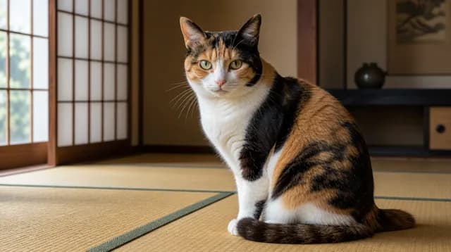 日本家屋の三毛猫