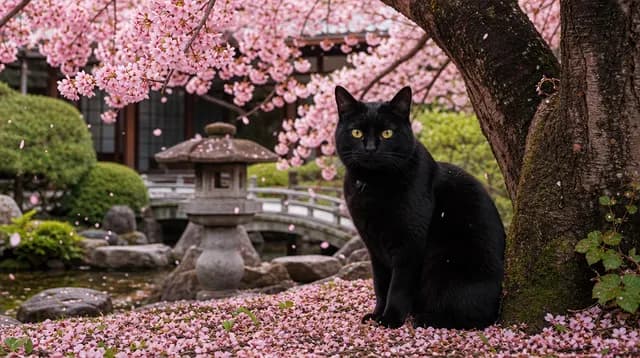 桜の下の黒猫
