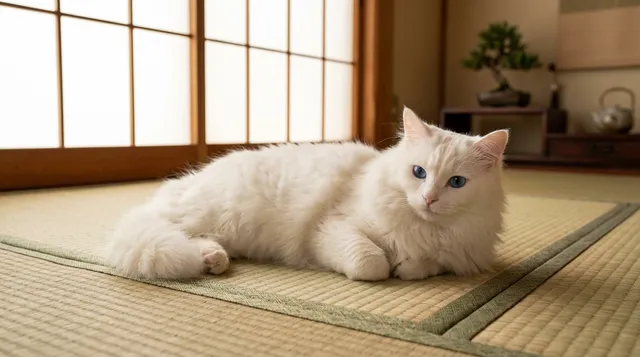 畳の上の白猫