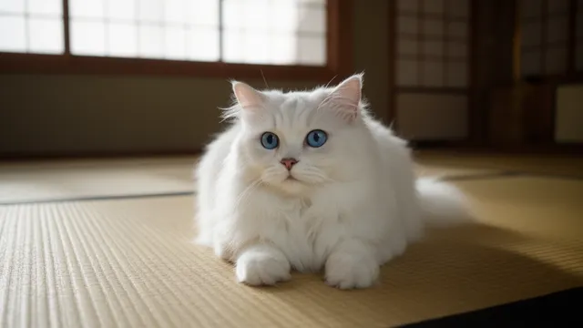 畳の上の白猫