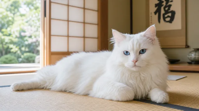 畳の上の白猫