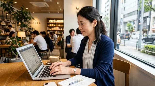 カフェの40代女性ビジネスパーソン