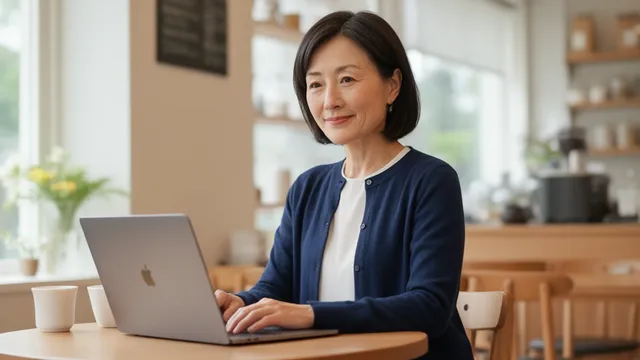 カフェの40代女性ビジネスパーソン