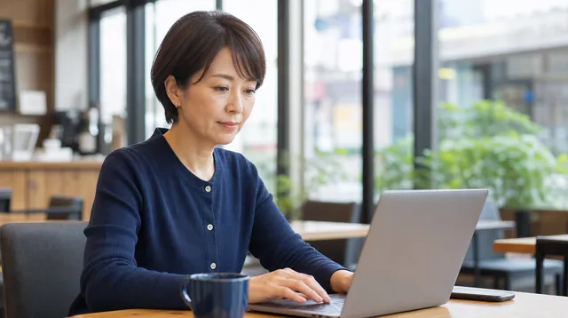 カフェの40代女性ビジネスパーソン