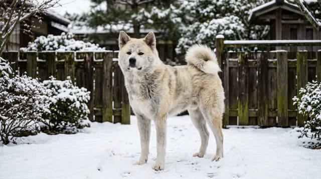 雪の積もった日本の庭に立つ秋田犬