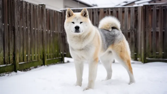 雪の積もった日本の庭に立つ秋田犬