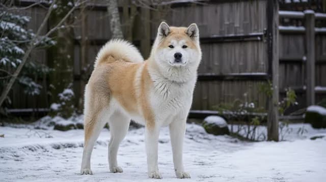雪の積もった日本の庭に立つ秋田犬