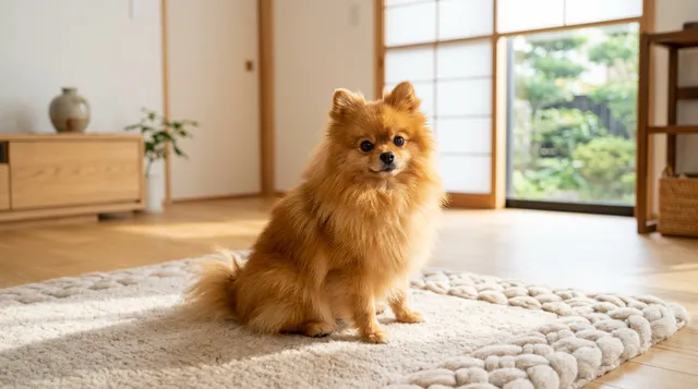 日本のリビングのラグに座るポメラニアン