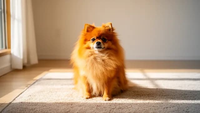 日本のリビングのラグに座るポメラニアン
