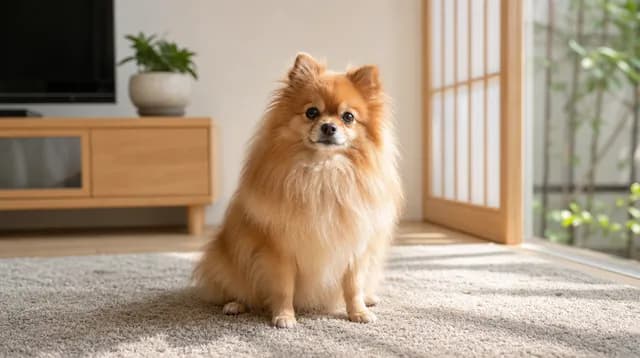 日本のリビングのラグに座るポメラニアン