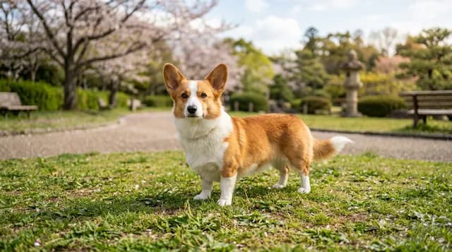 日本の公園の芝生に立つコーギー
