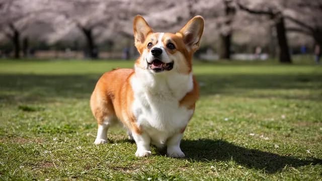 日本の公園の芝生に立つコーギー