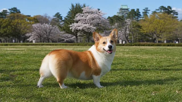 日本の公園の芝生に立つコーギー