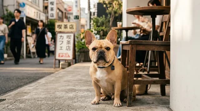 東京のカフェテラスで座るフレンチブルドッグ