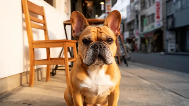 東京のカフェテラスで座るフレンチブルドッグ